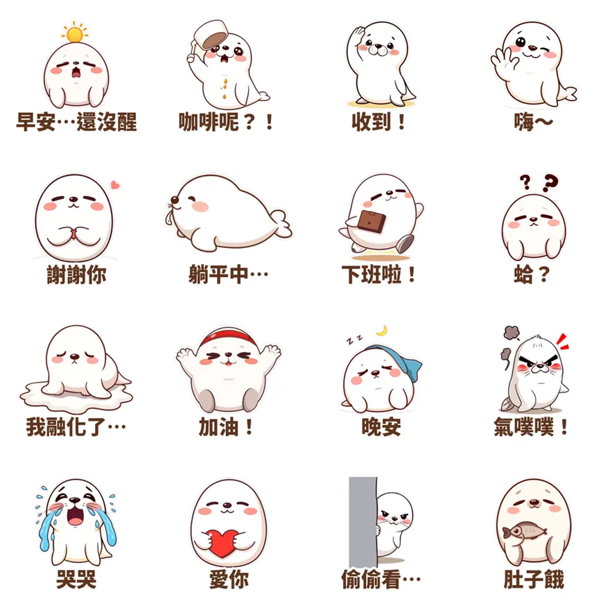 麻糬海豹噗嚕 16 張 LINE 貼圖一覽